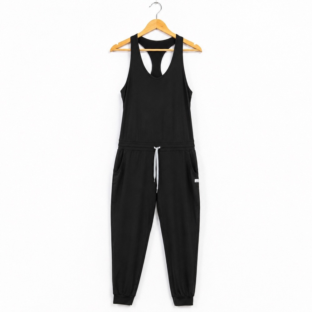Vuori Performance Jumpsuit Black Racerback Jogger Drawstring Yoga Travel Womens
